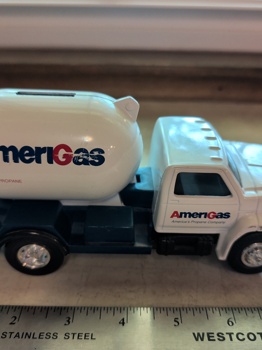 Vintage AmeriGas White and Blue Toy Gas Tanker "Piggy Bank" Truck for Kids